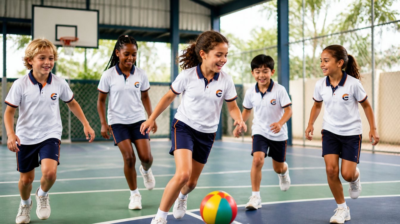 Crianças em aula de educação física na quadra coberta