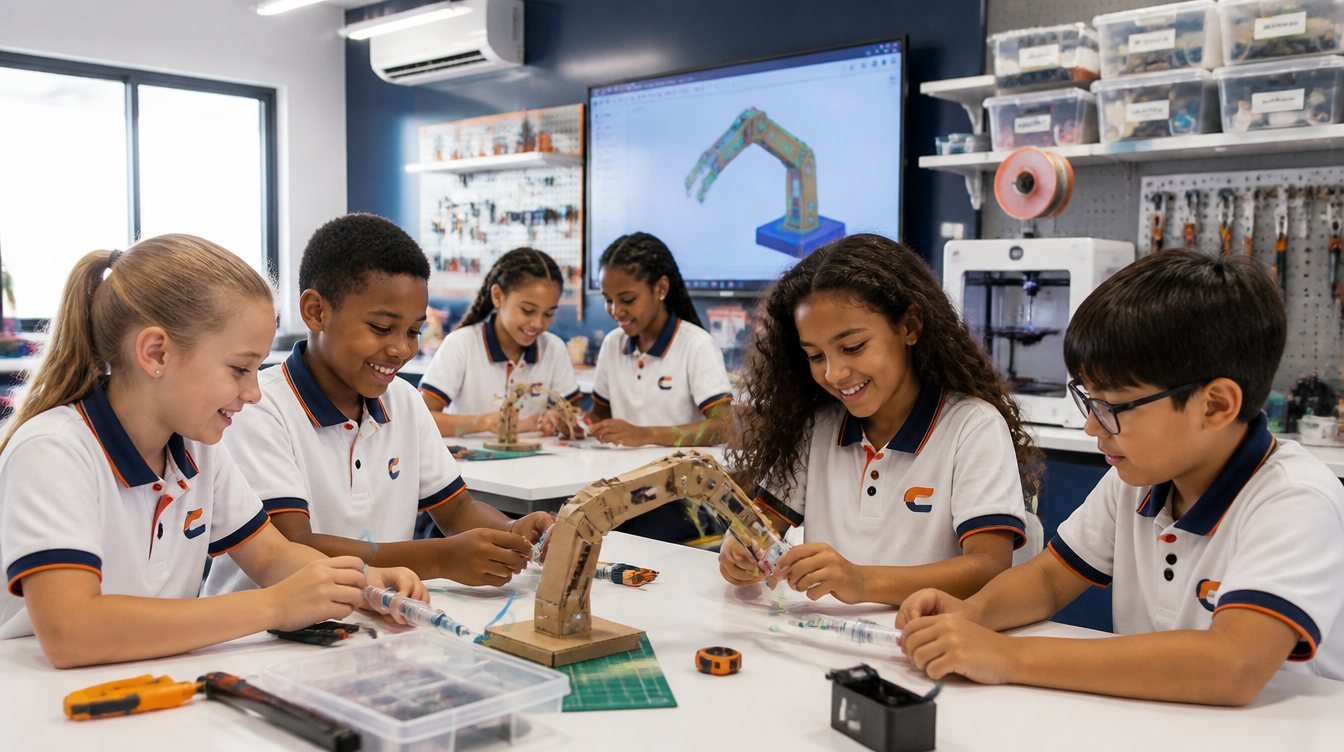 Alunos montando um braço robótico no Maker Lab da Educare Prime