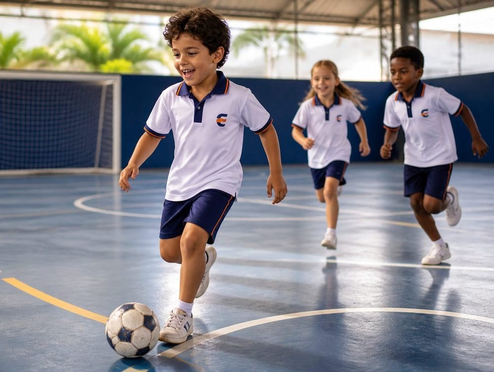 Aluno conduzindo a bola no futsal na quadra coberta