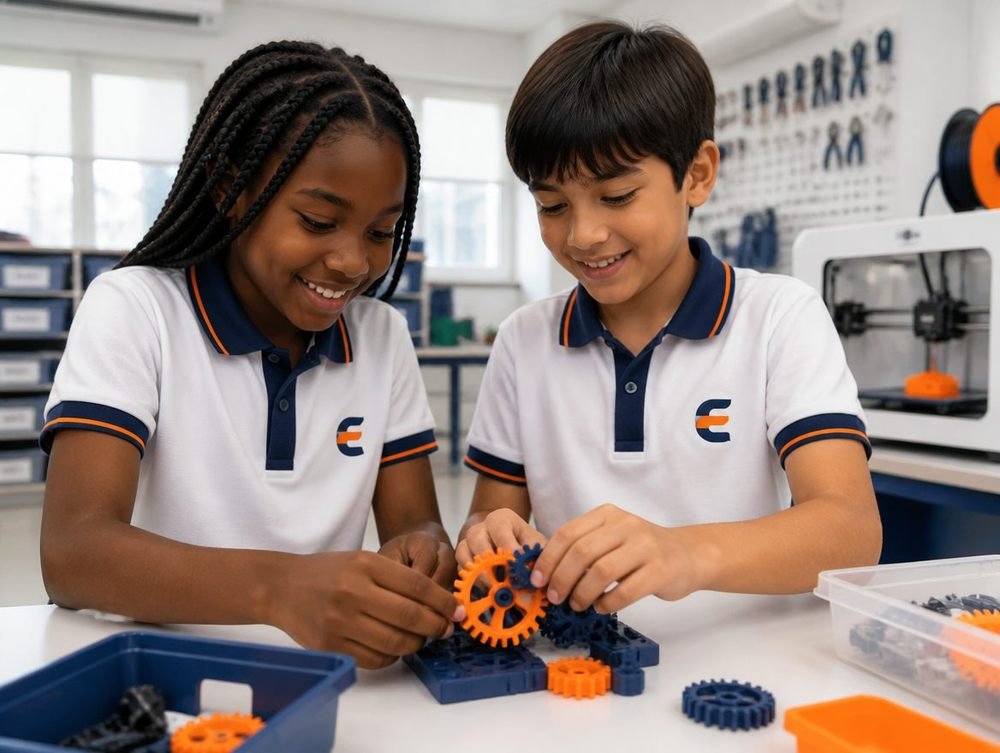 Dois alunos montando um trem de engrenagens no Maker Lab