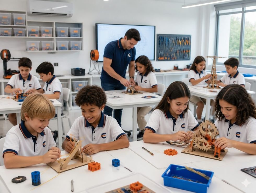 Turma inteira em aula de robótica no Maker Lab