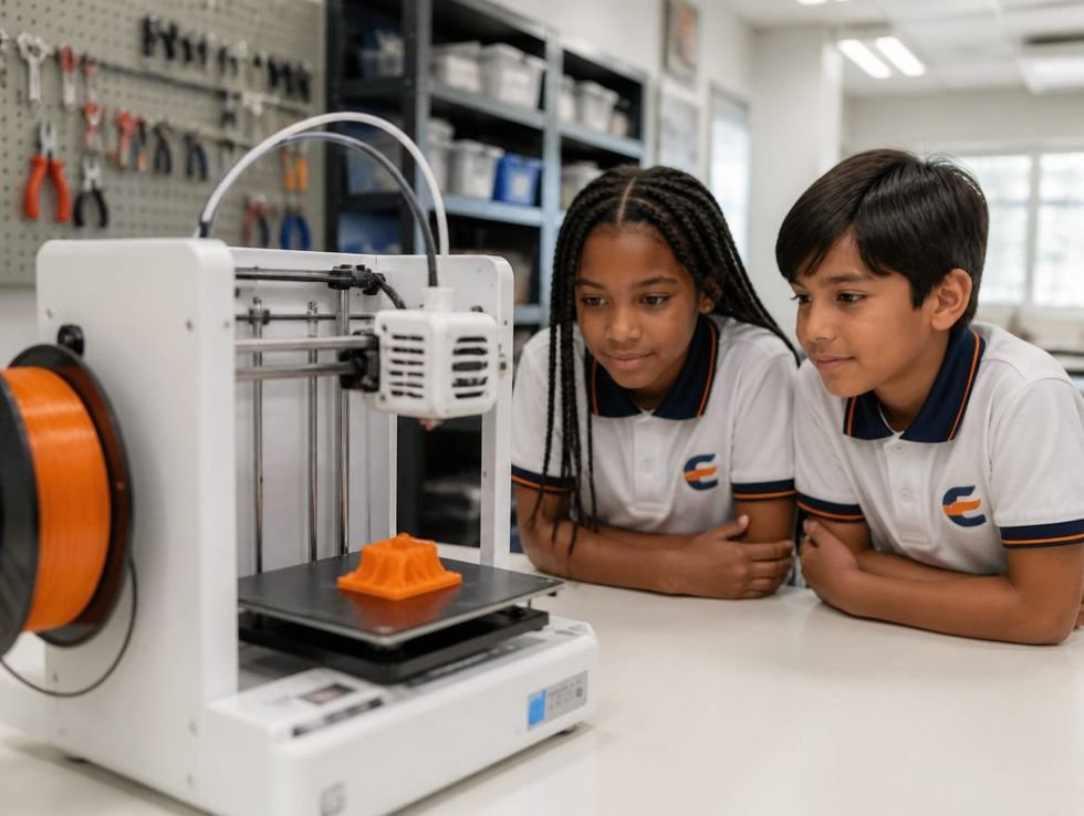 Impressora 3D imprimindo uma peça laranja no Maker Lab