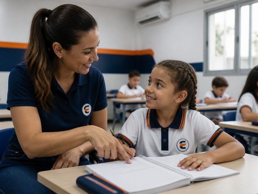 Professora acompanhando uma aluna na atividade