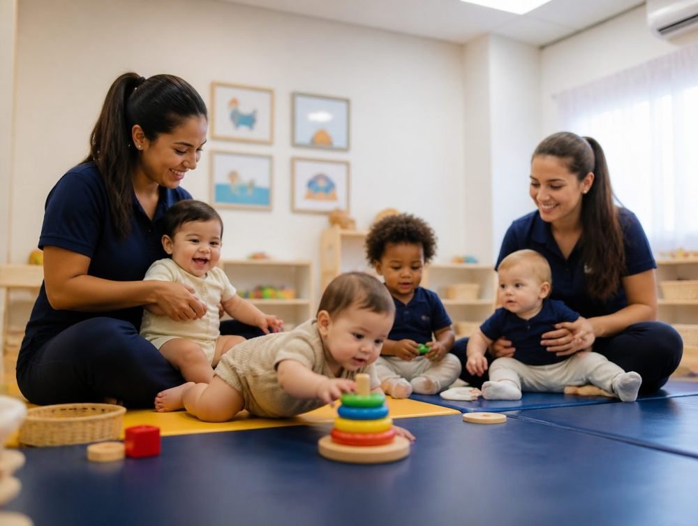 Bebês do Berçário brincando no tatame com as educadoras