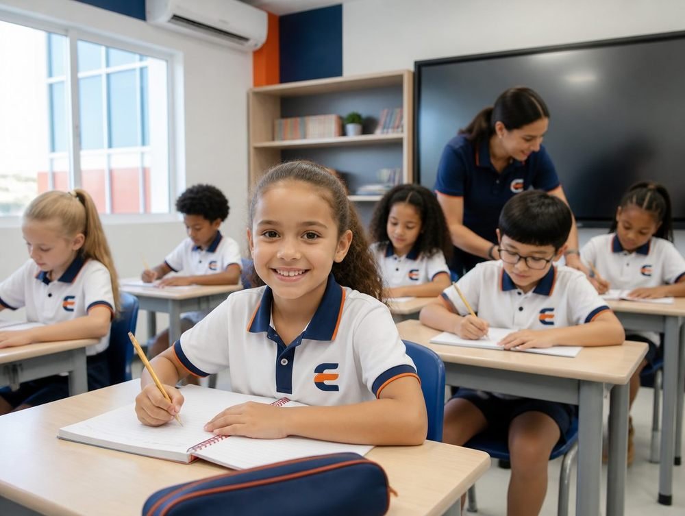 Alunos do Fundamental I em sala de aula com a professora